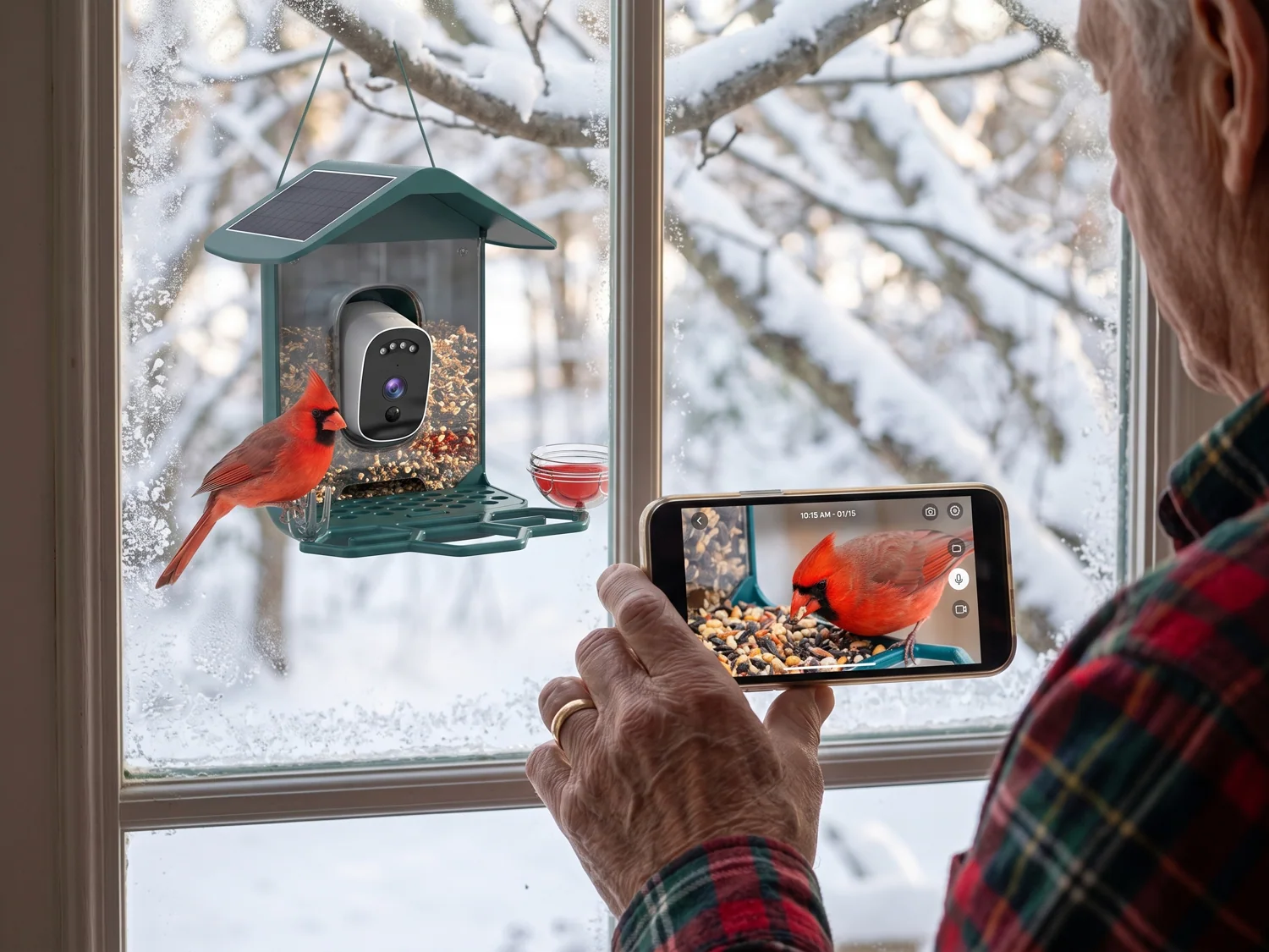 A grandfather holding a phone showing a cardinal at his feeder