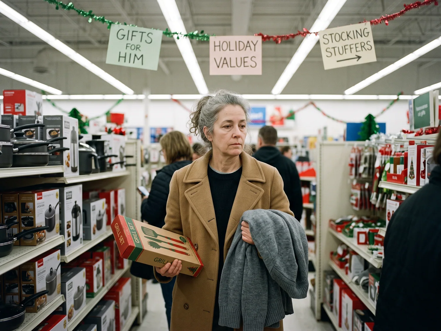 A daughter hesitating in a store aisle in December