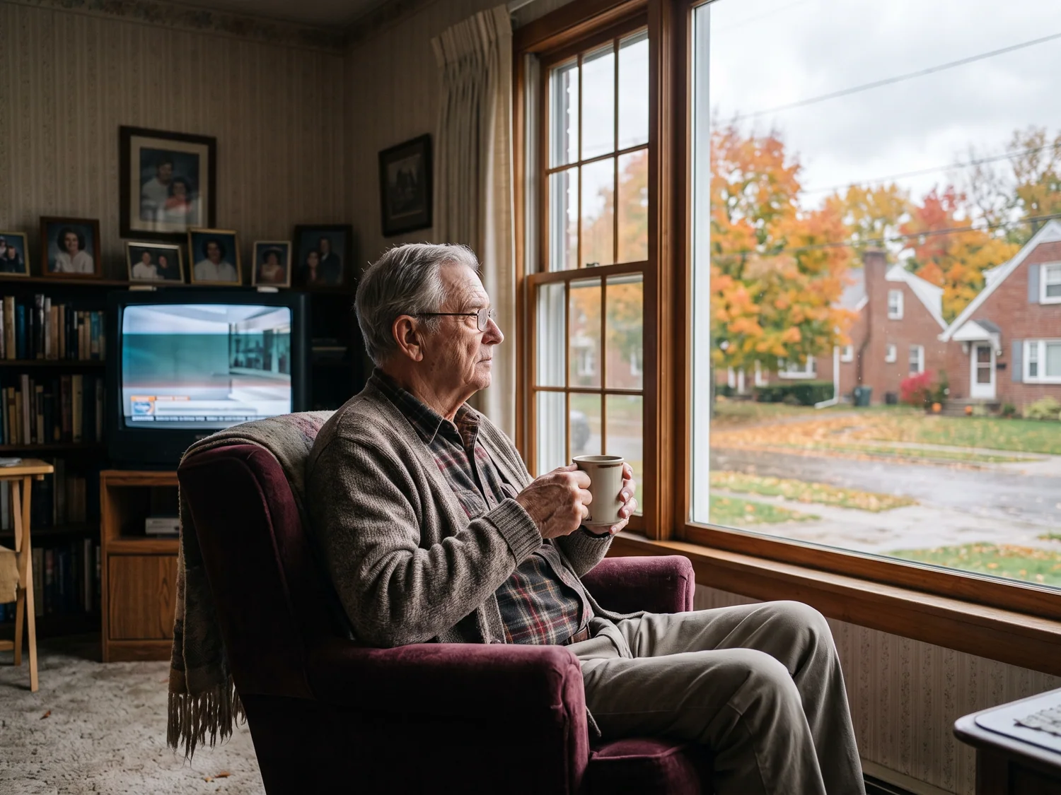An older man alone in his living room looking out of the window