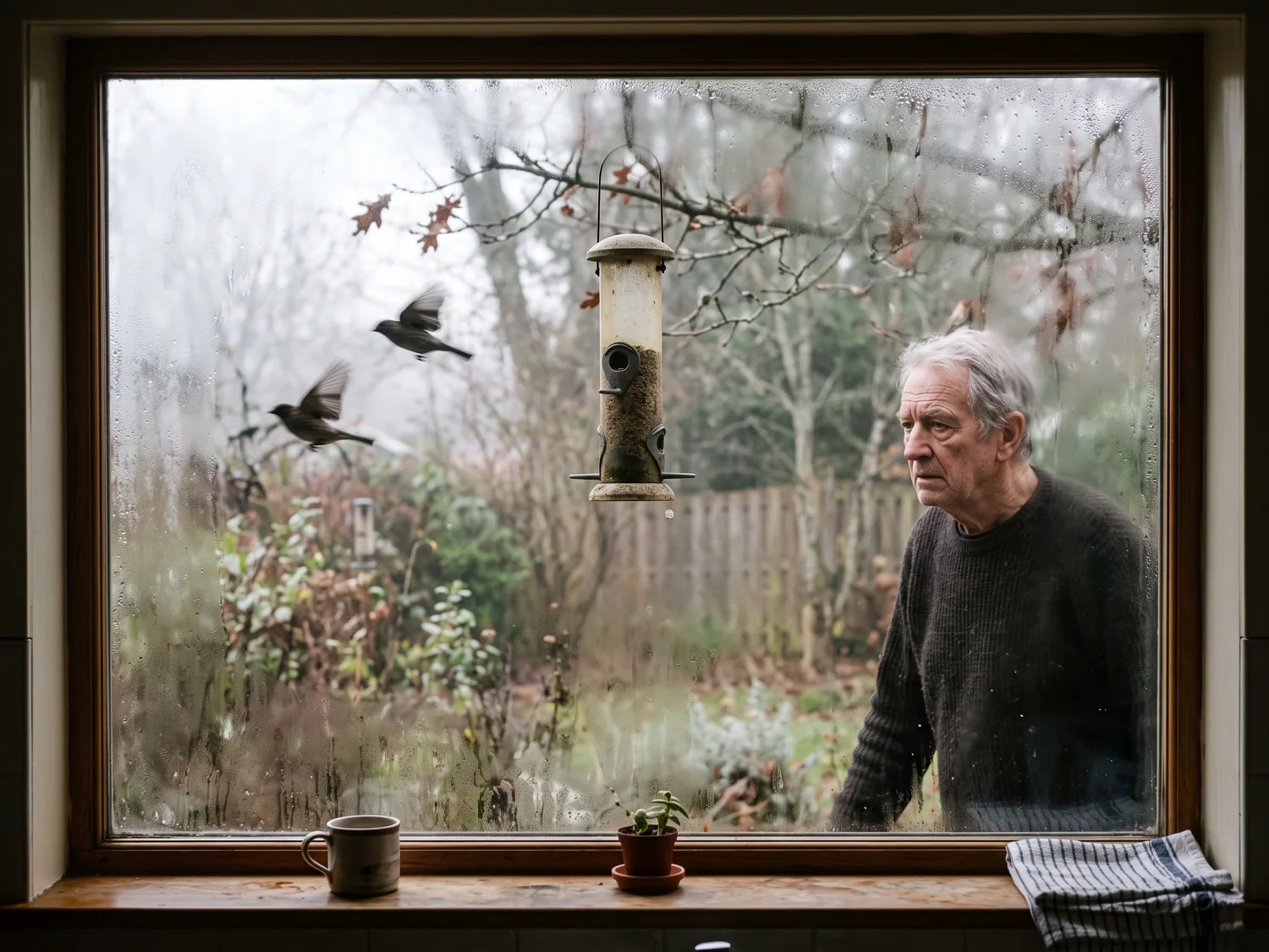 Birds flying away from an old feeder as someone approaches the window