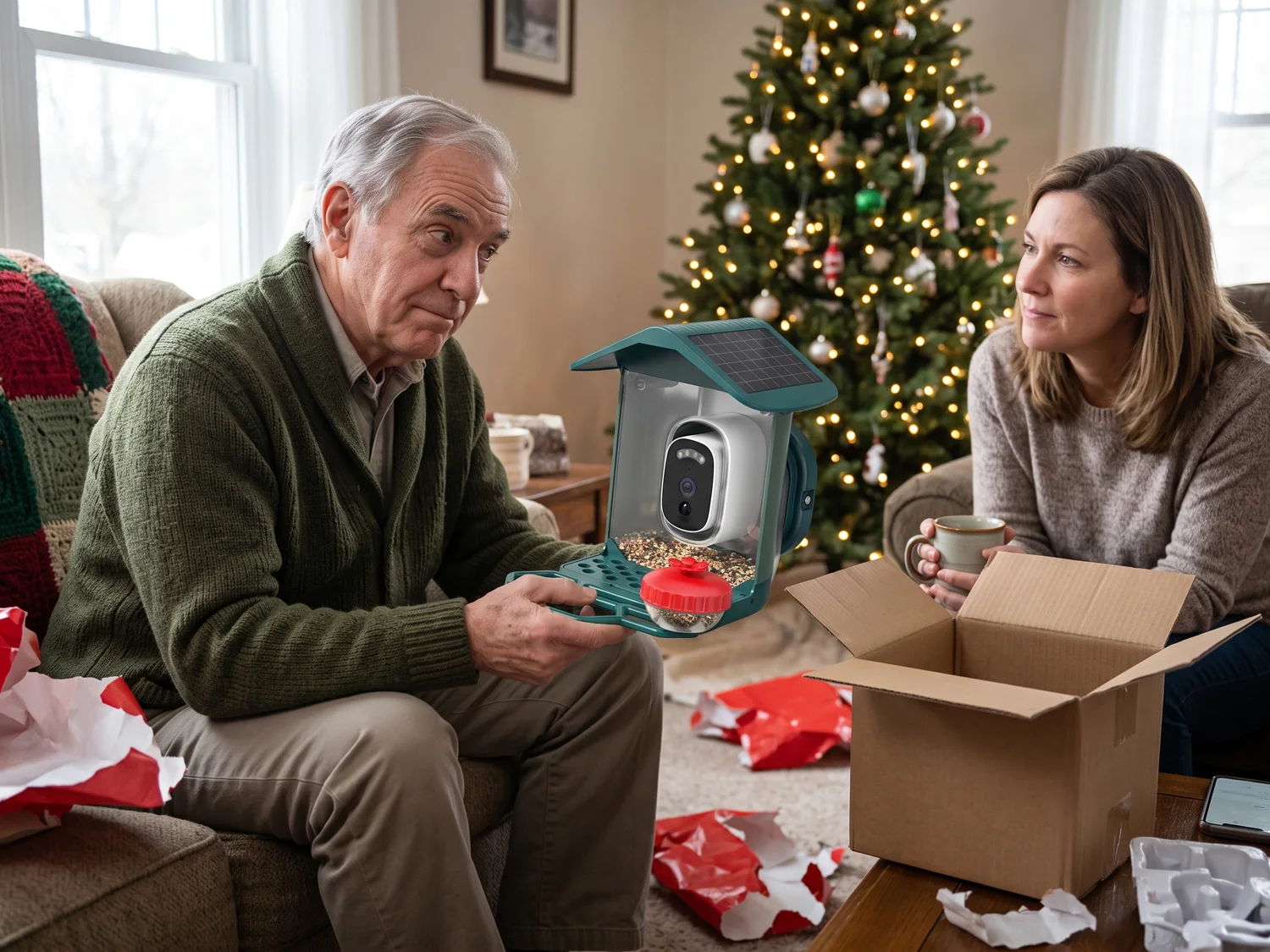 Christmas morning, a father unwrapping the camera feeder