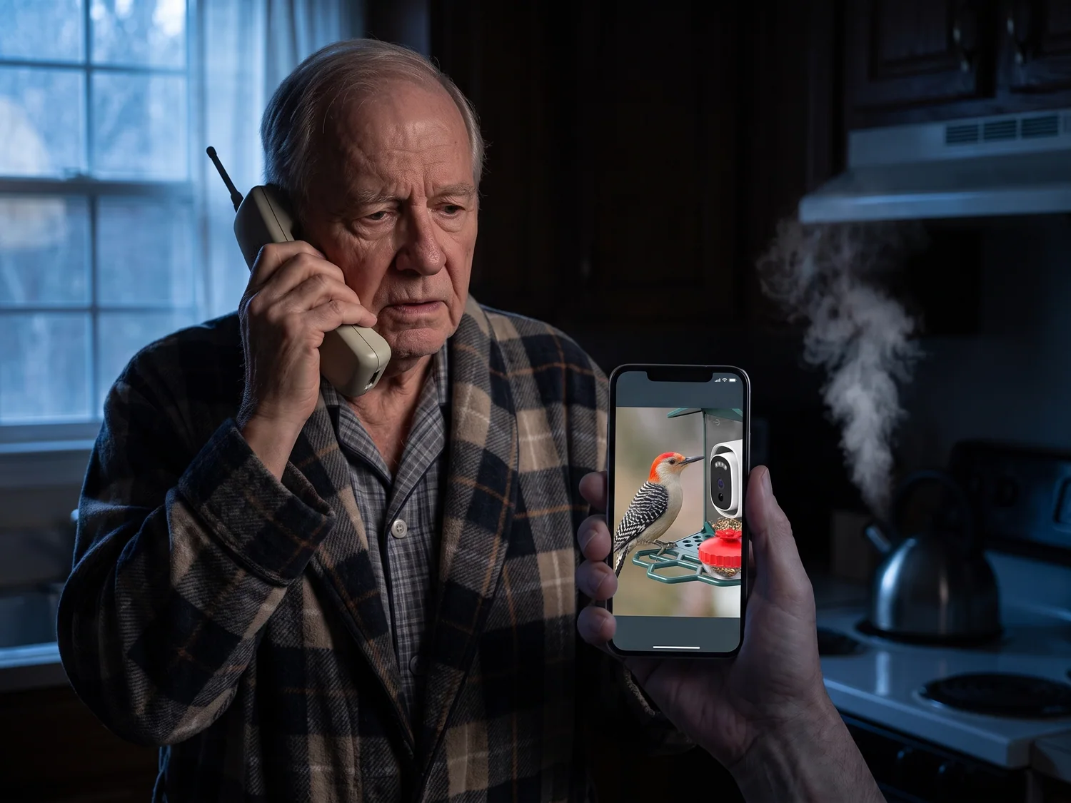 A father calling his daughter before sunrise about a woodpecker