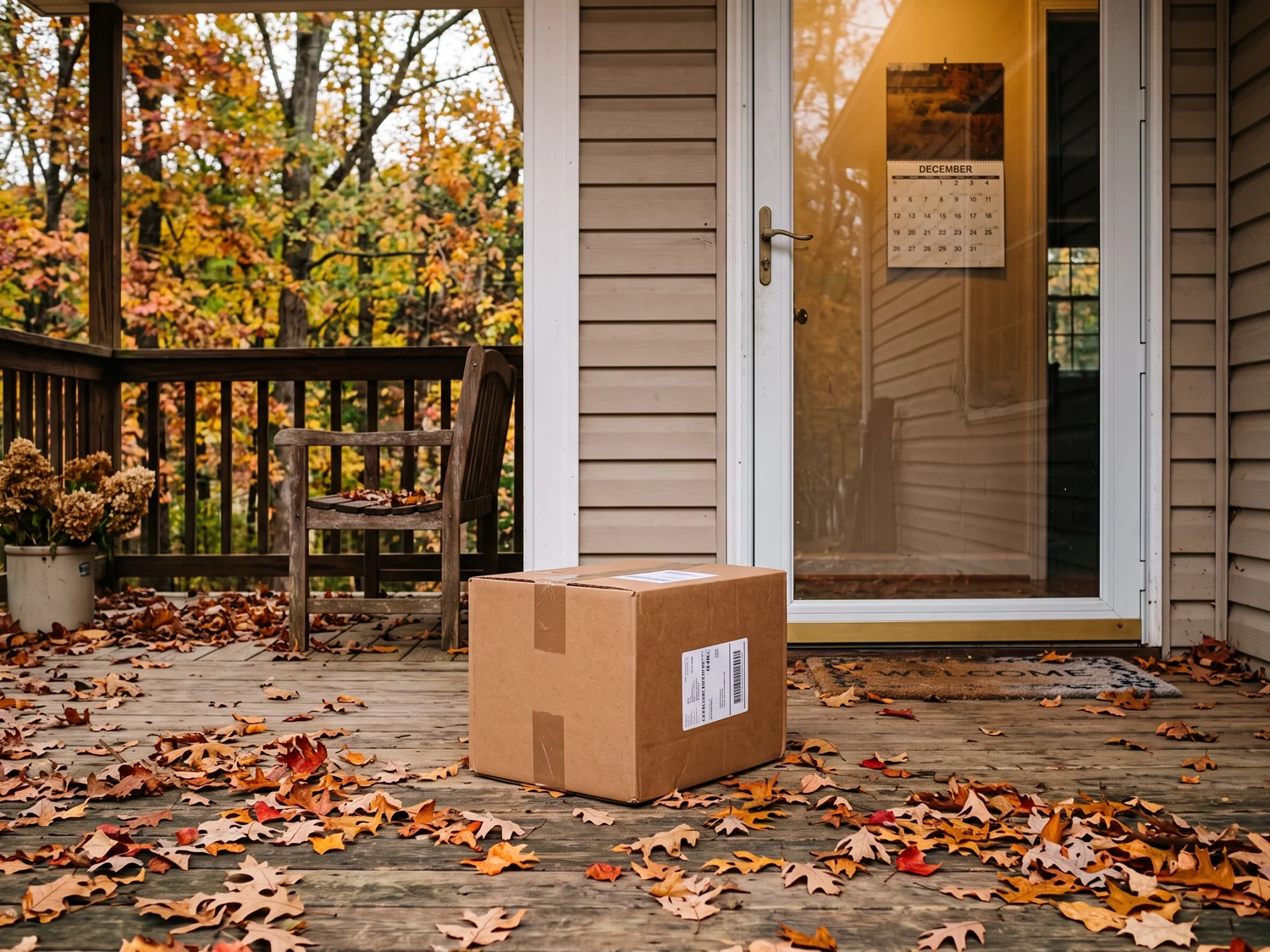 A delivery box on a porch in late autumn