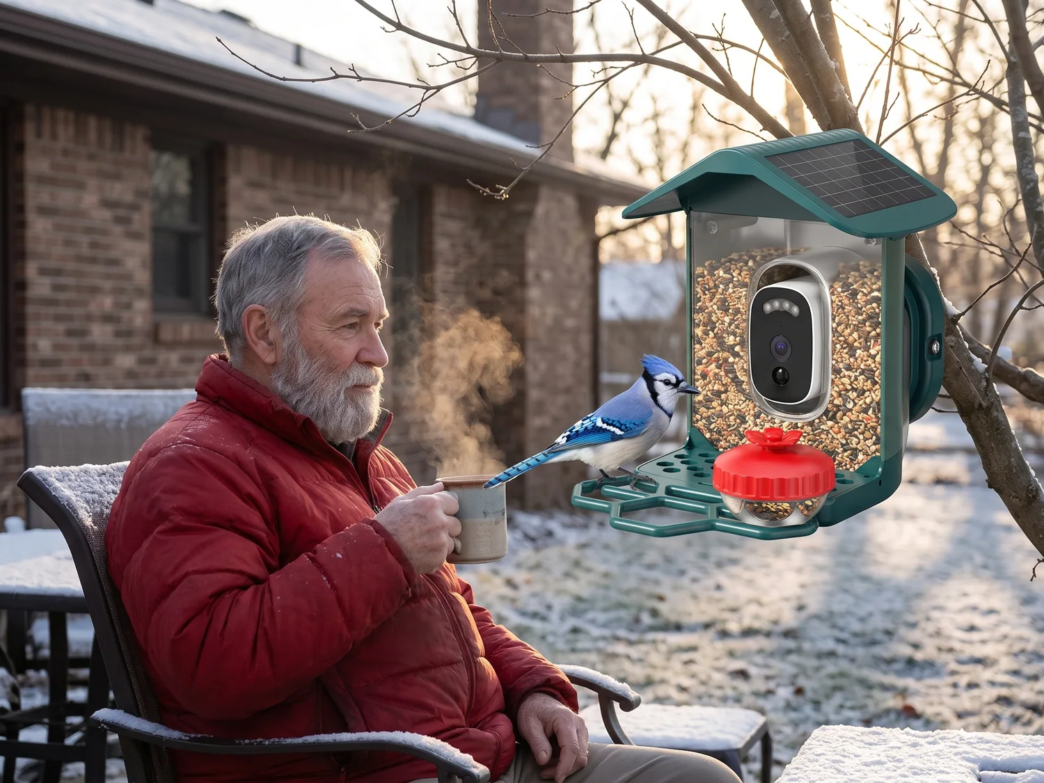 A grandfather on his porch watching a blue jay land on the feeder