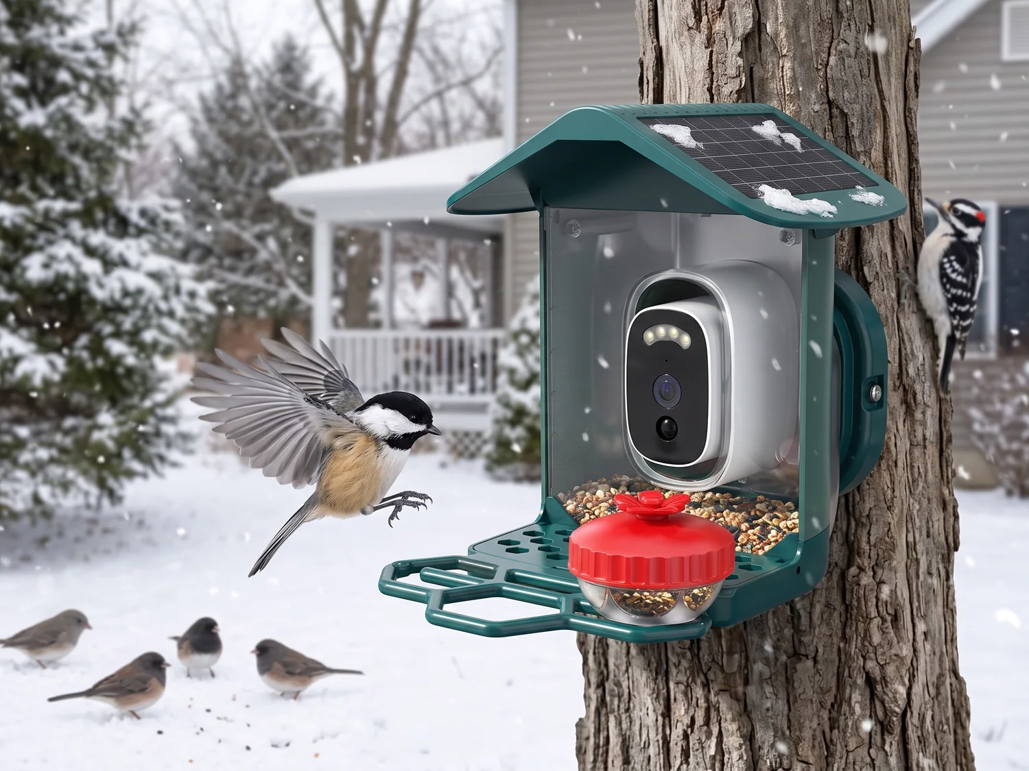 The camera feeder in light snow