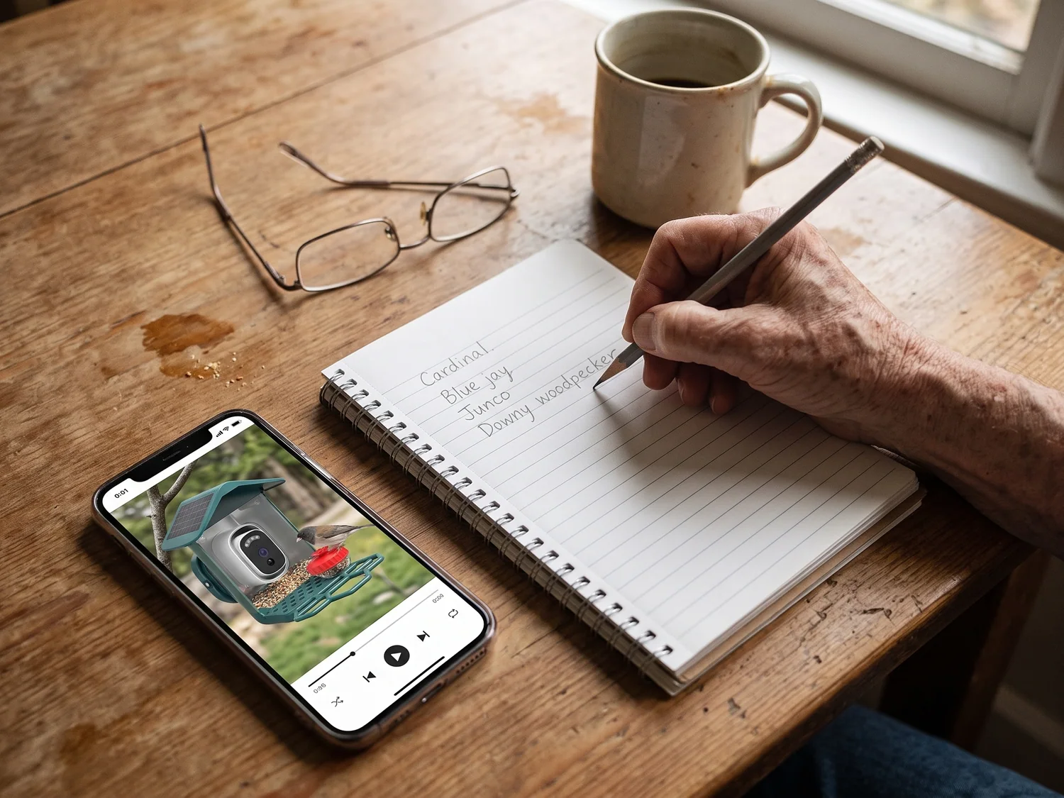 A handwritten bird list next to a phone showing a feeder clip
