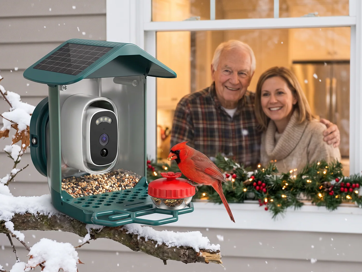 The camera feeder with a cardinal, a family watching from the kitchen window