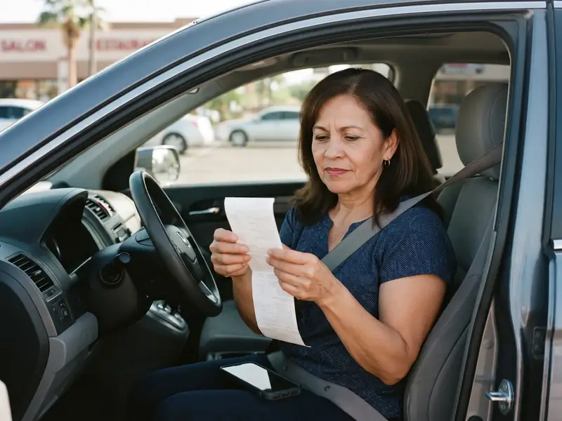 A woman with freshly blow-dried hair sits in her parked car staring at a long salon receipt