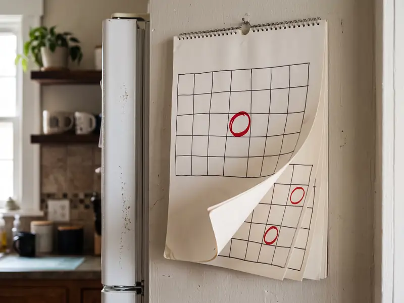 A paper wall calendar by the fridge with one day circled in red every five weeks