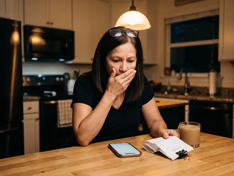 At her kitchen table at night, a woman stares at her phone and a clip of salon receipts, one hand over her mouth