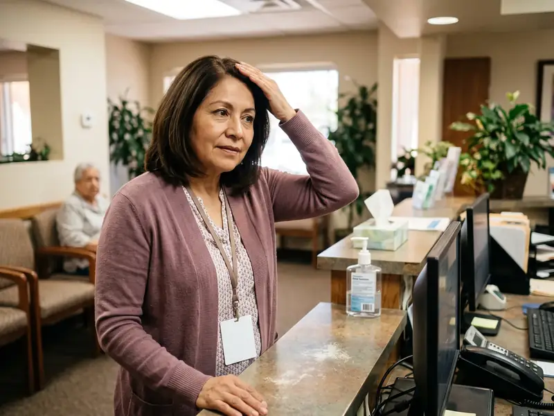 A woman at a dental office front desk discreetly pats her hair flat over her part while glancing at her reflection