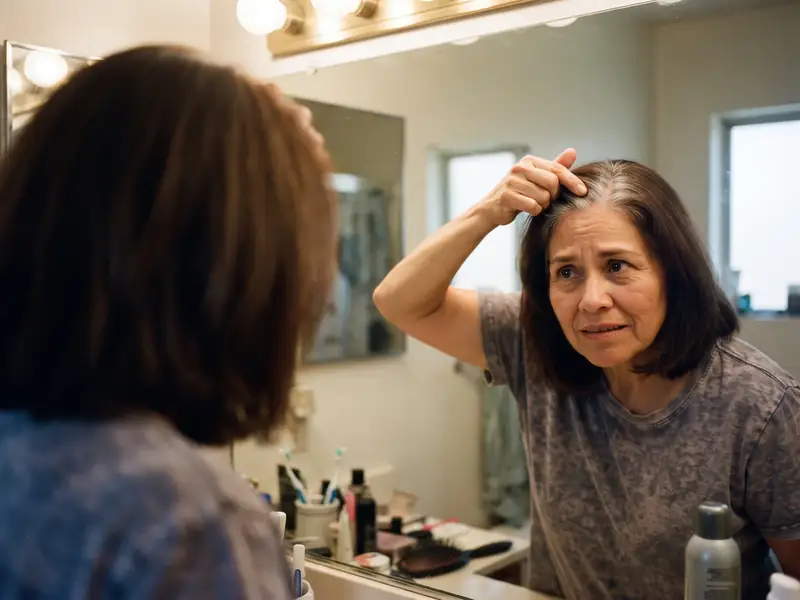 A woman leans close to her bathroom mirror and parts her hair to show a white stripe of regrowth