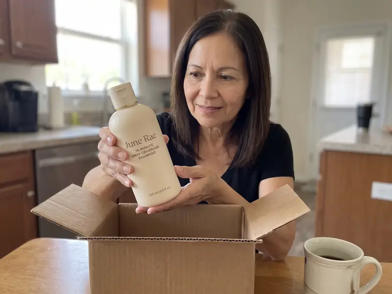 A woman at her kitchen table lifts a June Rae shampoo bottle out of a cardboard shipping box
