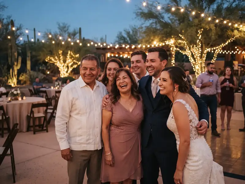 A smiling woman in a dusty-rose dress laughs in a family photo at an outdoor wedding reception under string lights