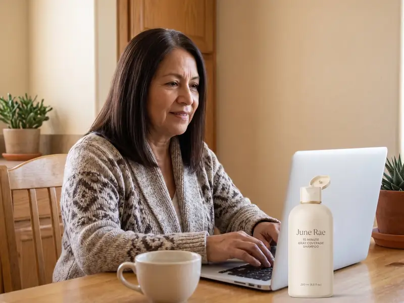 A woman types an email on a laptop at her kitchen table next to an open, used June Rae bottle