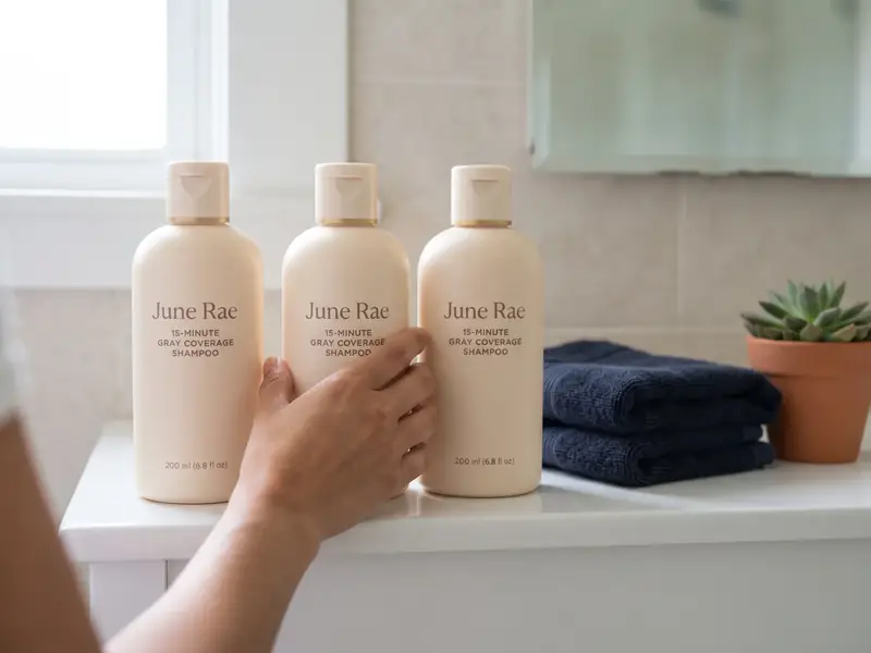 Three June Rae shampoo bottles side by side on a white bathroom shelf