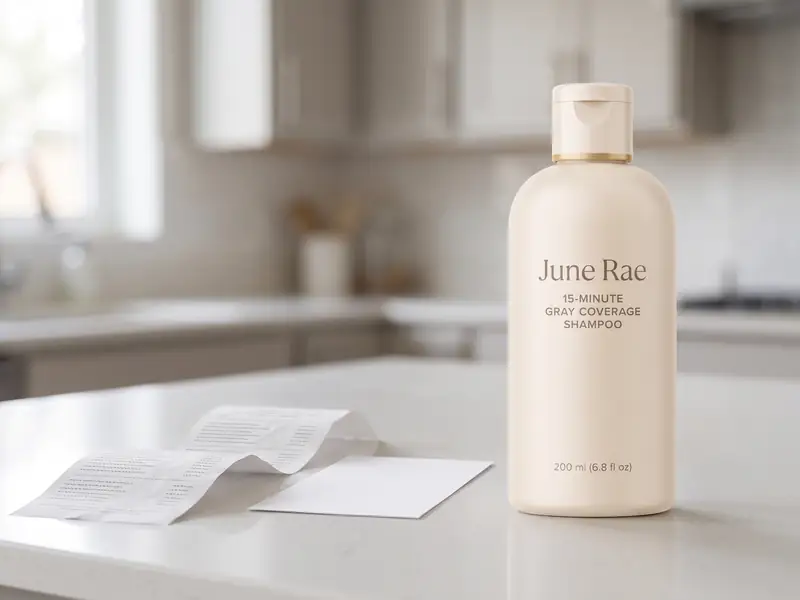 A crumpled salon receipt and a blank appointment card on the left, a June Rae bottle on the right